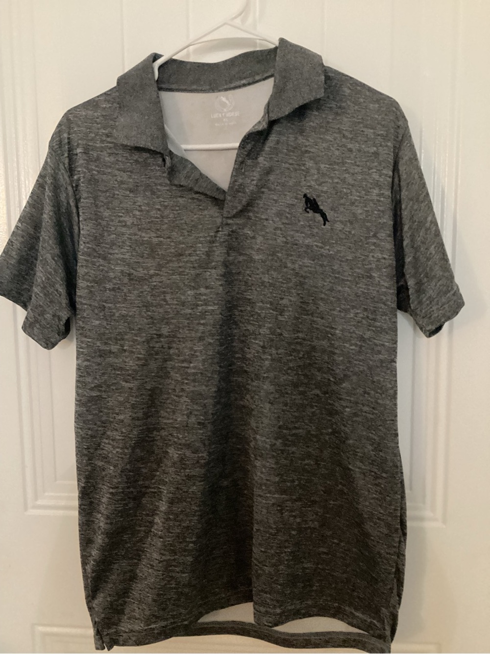 Gray Lucky Horse polo shirt with black logo #polo #athletic